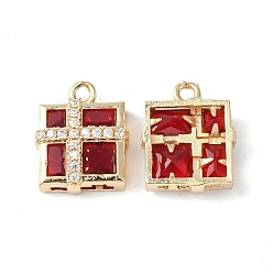 FireBrick Brass Pave Cubic Zirconia Pendants, Light Gold, Gift Box Charm, FireBrick, 15x12.5x5mm, Hole: 1.6mm