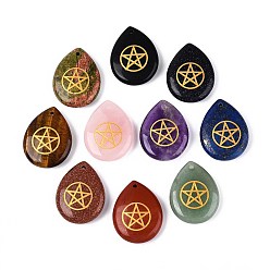 Смешанные камни Природные и синтетические смешанные каменные подвески, подвески-слезинки с резной золотой пентаграммой, смешанные окрашенные и неокрашенные, 33x25x7.5~8 мм, отверстие : 1.6~1.8 мм