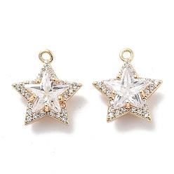Настоящее золото 18K Латунные микропаве прозрачные подвески с фианитом, без кадмия, без никеля и без свинца, со стеклом, звезда очарование, реальный 18 k позолоченный, 13x12x5.5 мм, отверстие : 1.2 мм
