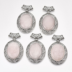 Rose Quartz Natural Rose Quartz Big Pendants, with Alloy Findings, Oval, Antique Silver, 60x46x15mm, Hole: 8x5mm