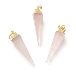 Golden Natural Rose Quartz Pointed Pendants, Faceted Cone Charms, with Brass Findings, Golden, 34x8.5x8mm, Hole: 6.5x4mm