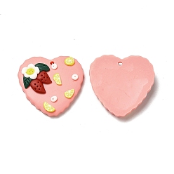 Pink Handmade Polymer Clay Pendants, Heart with Strawberry & Lemon Slices Charm, Pink, 28x29x6mm, Hole: 1.8mm
