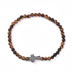 Tiger Eye Stretch Bracelets, with Natural Tiger Eye Round Beads and Brass Micro Pave Cubic Zirconia Beads, Elastic Crystal Thread, Cross, 2-3/8 inch(6.14cm)