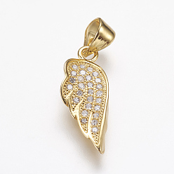 Golden Brass Micro Pave Cubic Zirconia Pendants, Wing, Golden, 19x7x2mm, Hole: 3.5x5mm