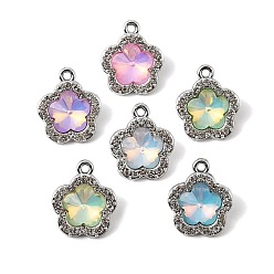 Platinum UV Plating Alloy Glass Pendants, Flower Charm, with Rhinestone, Faceted, Mixed Color, Platinum, 18.5x16x6mm, Hole: 1.8mm