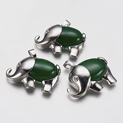 Malaysia Jade Natural Malaysia Jade Pendants, with Alloy Finding, Platinum Plated, Dyed, Elephant, 29x37x10mm, Hole: 4x6mm