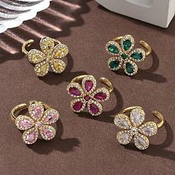 (52) Непрозрачная лаванда Кольца-манжеты из цветочной латуни с микропаве из кубического циркония для женщин, без кадмия и без свинца, стойки покрытие, реальный 18 k позолоченный, разноцветные, 19.5x20.5 мм, внутренний диаметр: 17.2 мм