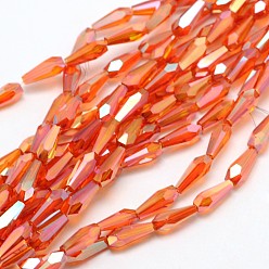 Orange Red Faceted Rainbow Plated Teardrop Electroplated Glass Beads Strands, Orange Red, 10x4mm, Hole: 1mm, about 60pcs/strand, 23.6 inch