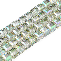 Light Green Electroplate Transparent Glass Beads Strands, Faceted, Cube, Light Green, 7x7x7mm, Hole: 1.4mm, about 100pcs/strand, 26.77 inch(68cm)