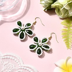 Зеленый Болтаться серьги стекло цветок, с латунными крючками для сережек и ракушечным жемчугом, золотые, зелёные, 54~55x34~34.5 мм