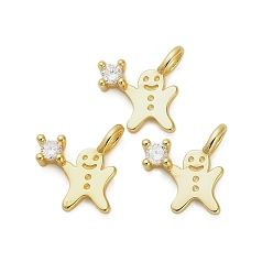 Золотой 925 Рождественские подвески в виде пряничного человечка из стерлингового серебра с прозрачными кубическими цирконами, золотые, 12x11x2.5 мм, отверстие : 3x1.5 мм
