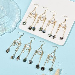 Doré  Boucles d'oreilles pendantes en nacre d'ormeau et perles de nacre, boucles d'oreilles pendantes en chaîne de laiton, formes mixtes, or, 90x25mm