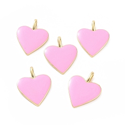 Pink Brass Enamel Pendants, Long-Lasting Plated, Real 18K Gold Plated, Heart, Pink, 24x19x1.5mm, Hole: 6x3mm