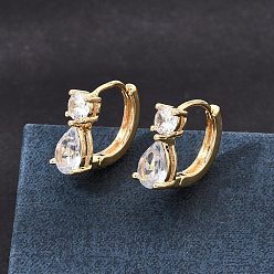 Real 18K Gold Plated Brass Pave Cubic Zirconia Hoop Earrings, Round with Teardrop, Real 18K Gold Plated, 12.5x5.5x14mm