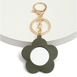 Темно-оливково-зеленый Брелок для ключей с зеркалом из искусственной кожи, для женщин, дам, с брелком из сплава светло-золотистого цвета, темно-оливковый зеленый, Цветок: 5x5 см
