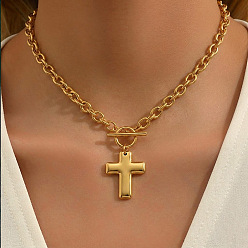 Golden 304 Stainless Steel Religion Cross Pendant Necklaces with OT Clasps for Women, Golden, 16.14 inch(41cm)