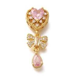 Настоящее золото 18K Стойка металлическая латунная микропрофилированная кубическая циркония подвески, долговечный, без свинца и без кадмия, сердечко с подвесками-бантиками, реальный 18 k позолоченный, 28 мм, отверстие : 1.6 мм