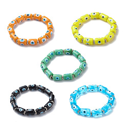Mixed Color Handmade Lampwork Column with Evil Eye Beaded Stretch Bracelet for Women, Mixed Color, Inner Diameter: 2-1/8 inch(5.25cm)