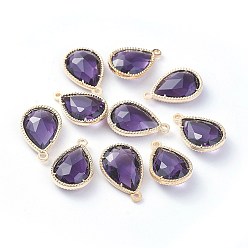 Индиго Стеклянные подвески, с фурнитурой Berzel с открытой спиной из экологически чистого сплава, граненые, слеза, золотой свет, индиговые, 18x12x5 мм, отверстие : 1.4 мм