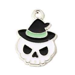 Skull Halloween-Legierung Emaille-Anhänger, Platin Farbe, Totenkopf-Anhänger, 20x14.5x1.5 mm, Bohrung: 2 mm