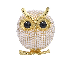 Золотой Сплава брошь, с пластиковой имитационной жемчужиной, сова, золотые, 39x33 мм