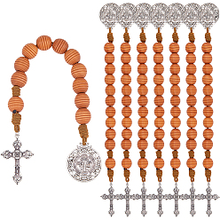 Antique Silver 8Pcs Natural Wood Beehive Shaped Beads with Alloy Pendant Display Decorations, Flat Round with Jesus/Cross, Antique Silver, 355mm