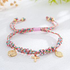 Pink Латунь шарм браслеты, Браслеты из плетеного хлопкового шнура для женщин, овальный с изображением католической Богоматери и косы и плоский круглый, розовые, 11.02 дюйм (28 см)