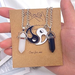 Черный 2шт. стеклянные двухгранные заостренные пулевые подвески для пар с подвесками инь-ян, ожерелья из сплава цепей для женщин, платина, чёрные, 17.72 дюйм (45 см)