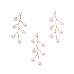 Золотой Подвески из медной проволоки с ракушками и жемчугом, лист прелести, белые, золотые, 40x18x4 мм, отверстие : 1.8 мм