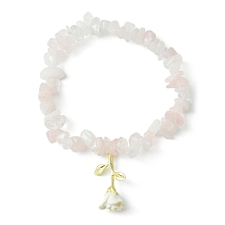 Rose Quartz Natural Rose Quartz Chips Beaded Stretch Bracelets with Alloy Enamel Rose Charms, Inner Diameter: 2 inch(4.95cm)