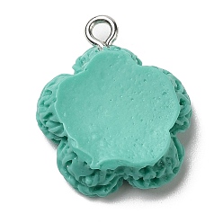 Turquoise Opaque Resin Pendants, Flower Charms with Platinum Plated Iron Loops, Turquoise, 20x18x6mm, Hole: 2mm