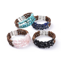 Смешанные камни Три петли драгоценный камень чип бисер браслеты, с деревянных бусин, сплав выводы и стальной браслет памяти проволоки, 2-1/8 дюйм (5.4 см)