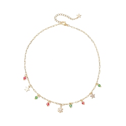 Настоящее золото 18K Рождественские латунные подвески-скрепки с прозрачными кубическими цирконами, снежинкой и звездой из нержавеющей стали, круглой стеклянной кисточкой и латунной цепочкой-нагрудником, красный и зеленый, реальный 304 k позолоченный, 18 дюйм (15.75 см)