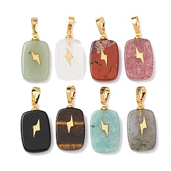 Смешанные камни Природные каменные смешанные подвески, с латунной фурнитурой и 304 кабошонами из нержавеющей стали, золотые, Прямоугольные подвески с узором в виде молний, 23~23.5x13~13.5x3.5~4 мм, отверстие : 7.5x4 мм