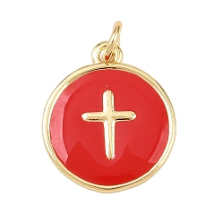 Красный Латунь эмаль подвески, с целью перехода в кольце, плоские круглые с поперечными прелести, без свинца и без кадмия, долговечный, реальный 18 k позолоченный, стойки покрытие, красные, 16.5x14x1.5 мм, отверстие : 2.5 мм