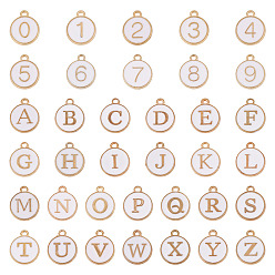 Белый 36 шт. 36 стили букв A~Z и цифр 0~9 эмалевые подвески из сплава, плоские круглые прелести, белые, 14~14.5x12x2~2.5 мм, отверстие : 1.4~1.5 мм, 1 шт / стиль