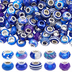 Blue 100Pcs 10 Styles Resin European Beads, Large Hole Beads, Rondelle, Blue, 13.5~14x8.5~9.5mm, Hole: 4.5~5mm, 10pcs/style