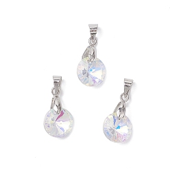 Платина Подвески из цветного стекла ab, плоско-круглые, с латунным прижимных поручительств, граненые, платина, 10.5x5.5 мм, отверстие : 5x3.5 мм