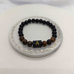 Letter A Браслеты из натурального тигрового глаза и черного обсидиана с круглыми бусинами, колонка с буквой украшения для женщин мужчин, буква a, 7-1/8 дюйм (18 см)