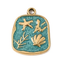 Turquoise 303 Stainless Steel Enamel Pendants, Rectangle with Starfish & Shell Shape Charms, Ion Plating(IP), Golden, Turquoise, 26x20.5x3mm, Hole: 3mm