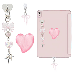 Бледно-Розовый 1 Набор из круглых держателей для мобильных телефонов и подвесок из акрила и цинкового сплава с бантиками., с мобильными пылезащитными заглушками, платина, розовый жемчуг, 135 мм