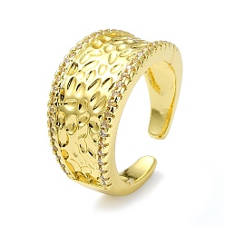 Golden Textured Brass with Cubic Zirconia Open Cuff Ring, Cadmium Free & Nickel Free & Lead Free, Golden, US Size 7 1/4(17.5mm)