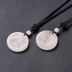 Розовый Кварц Женское плоское круглое колье из натурального розового кварца с подвеской "древо жизни" и нейлоновым шнуром, 25.59~27.95 дюйм (65~71 см)