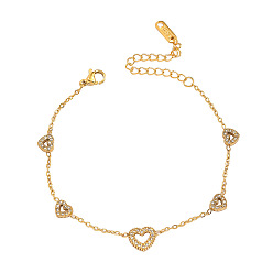 Сердце 304 браслеты из нержавеющей стали с микропаве из прозрачных кубических цирконий, браслеты-цепочки для женщин, сердце, 6.69 дюйм (17 см)