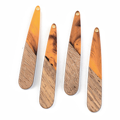 Orange Resin & Walnut Wood Pendants, Teardrop, Orange, 44x7.5x3mm, Hole: 1.5mm