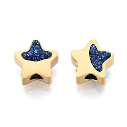 Настоящее золото 18K 304 Бусины из нержавеющей стали и эмали, блеск бисера, звезда, реальный 18 k позолоченный, 7.5x7.5x3.5 мм, отверстие : 2 мм