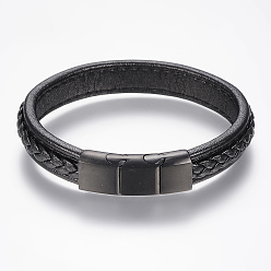 Black Braided Leather Cord Bracelets, with 304 Stainless Steel Magnetic Clasps, Black, 8-5/8 inch(220mm), 36x13x8mm