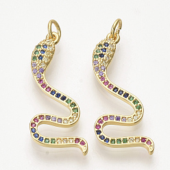 Golden Brass Micro Pave Cubic Zirconia Pendants, with Jump Rings, Snake, Colorful, Golden, 31x11.5x3mm, Hole: 3mm