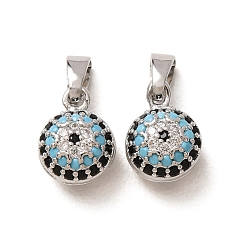 Platinum Brass Micro Pave Colorful Cubic Zirconia Charms, Flat Round Charms, Platinum, 10.5x8.5x6.5mm, Hole: 2x4.5mm