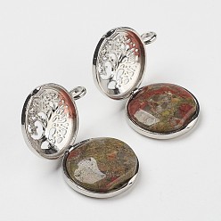 Унакит Природные подвески Unakite, С выводами медальона из медных рассеивателей, плоские круглые с деревом, 31x25x8 мм, отверстие : 4 мм